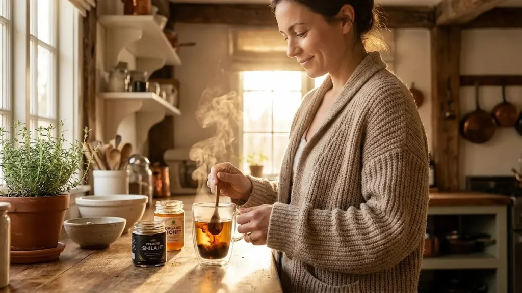 Expert laat zien hoe je Shilajit hars moet oplossen in warm water voor de juiste dosering