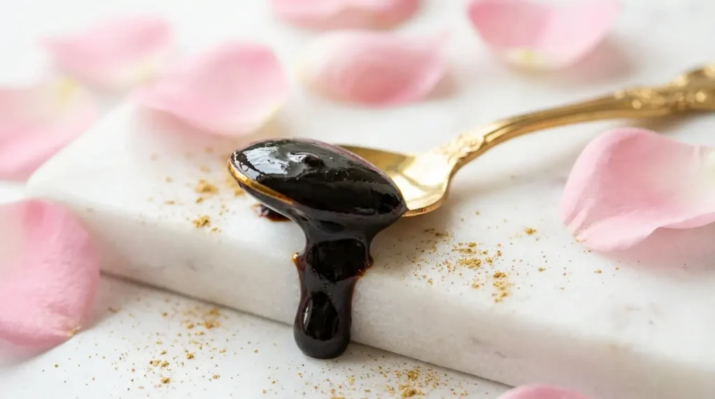 Pure shilajit hars op een gouden lepel omringd door rozenblaadjes, toont de kracht van shilajit voor vrouwen voor een gezonde huid en nagels