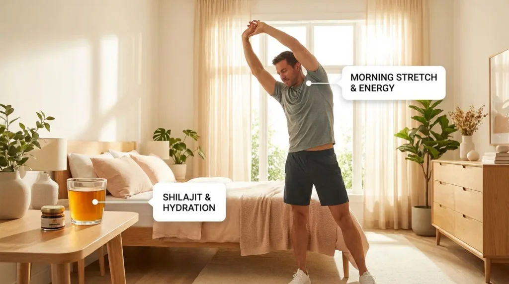 Man begint energiek zijn ochtend met een glas opgeloste Shilajit — het belangrijkste Shilajit voordeel is meer natuurlijke energie zonder cafeïnecrash
