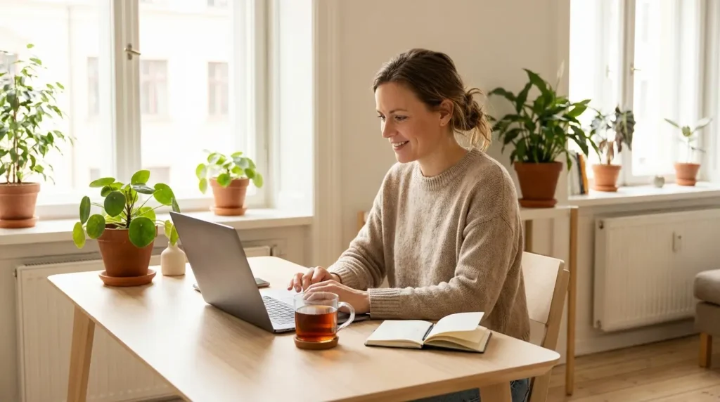 Vrouw werkt geconcentreerd aan haar bureau met een kopje Shilajit-thee — Shilajit voordelen voor mentale focus en cognitieve helderheid worden ondersteund door neuroprotectief onderzoek