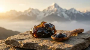Shilajit resin op een natuurlijke steen met de Himalaya op de achtergrond — overzicht van de 12 bewezen Shilajit voordelen voor energie, testosteron en focus