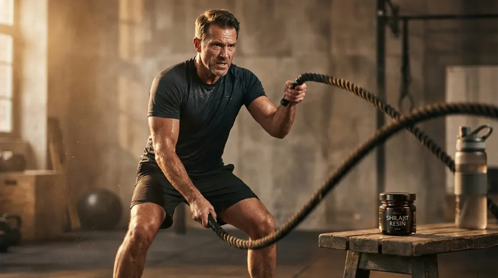 Fitte man traint intensief in de sportschool met Shilajit resin op de achtergrond — Shilajit verhoogt testosteron tot 20% en verbetert sportprestaties volgens klinische studies